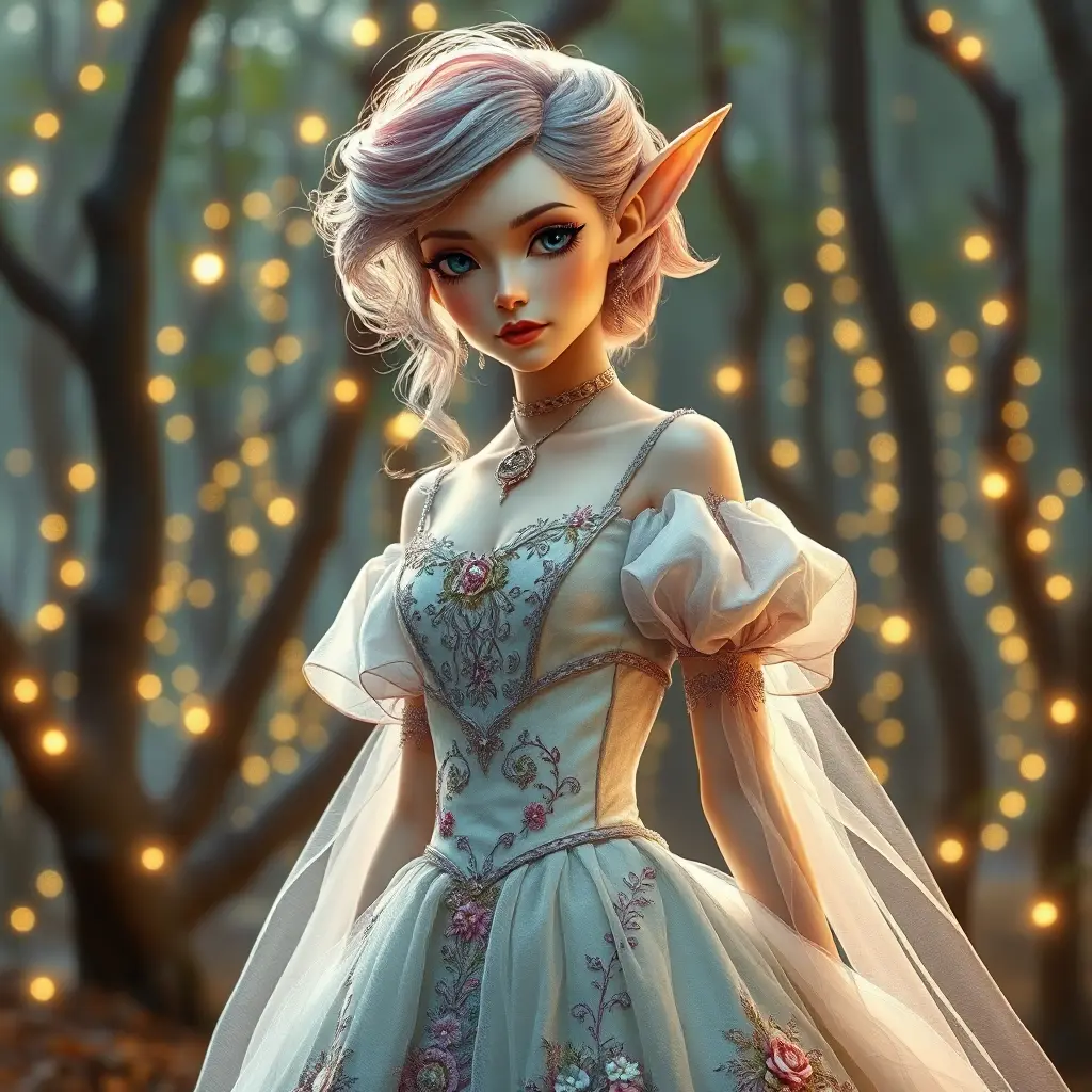 A whimsical woman with pastel-colored pixie hair, wearing a fairy tale-inspired gown with intricate embroidery, in an enchanted forest filled with twinkling lights, Highly Detailed, Half Body, Gorgeous, Stunning, Elegant by Stanley Artgerm Lau