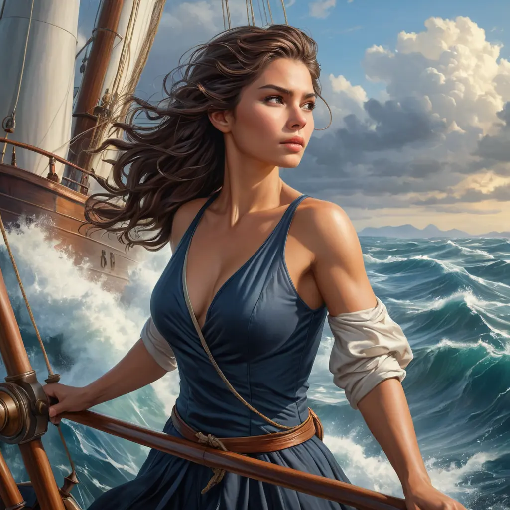 A woman of strength and determination, standing at the helm of a ship as it cuts through turbulent waters, navigating the challenges of life with courage and resilience., Highly Detailed, Half Body, Gorgeous, Stunning, Elegant by Stanley Artgerm Lau