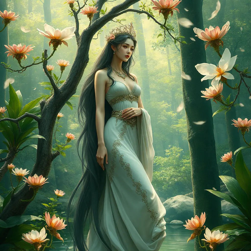 A serene goddess of nature, immersed in a lush, blooming forest, Highly Detailed, Half Body, Gorgeous, Stunning, Elegant by Stanley Artgerm Lau