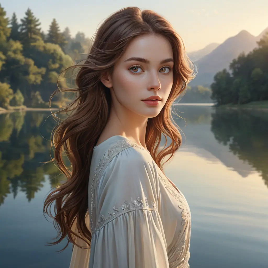 A serene beauty with almond-shaped eyes and flowing chestnut hair, standing by a tranquil lake at dawn, Highly Detailed, Half Body, Gorgeous, Stunning, Elegant by Stanley Artgerm Lau