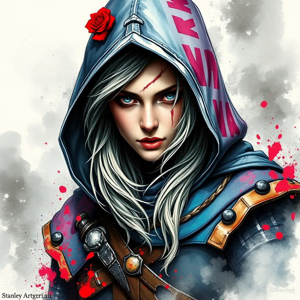 Hooded Ciri from the Witcher emerging from the fog of war, ink splash, Highly Detailed, Vibrant Colors, Ink Art, Fantasy, Dark by Stanley Artgerm Lau