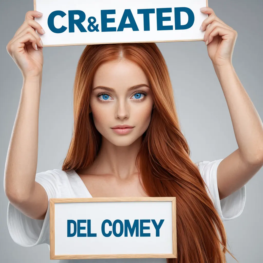 A stunning woman with long, straight red hair and bright blue eyes, holding up a sign that says "created via comfy-dell", Highly Detailed, Half Body, Gorgeous, Stunning, Elegant