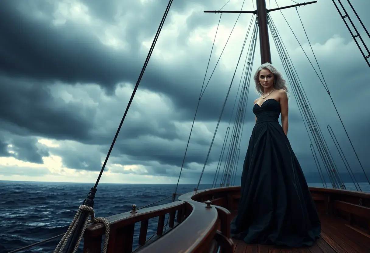 A cinematic still featuring a woman with striking blue eyes and platinum blonde hair, dressed in an elegant gown, standing confidently at the prow of a majestic sailing ship under stormy skies, Highly Detailed, Intricate, Half Body, Realistic