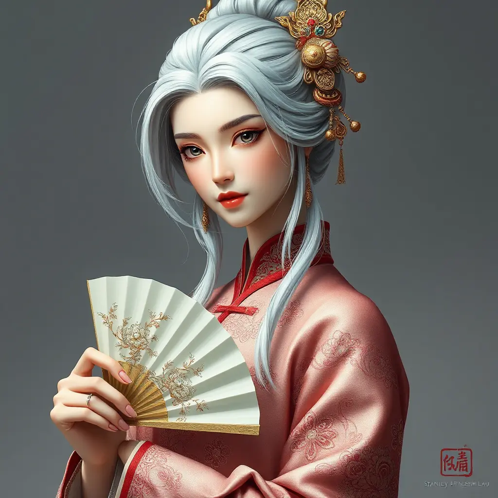 An ancient beauty with snowy white hair, dressed in an intricately embroidered traditional Chinese qipao, holding a jade fan while looking towards the viewer, Highly Detailed, Half Body, Gorgeous, Stunning, Elegant by Stanley Artgerm Lau