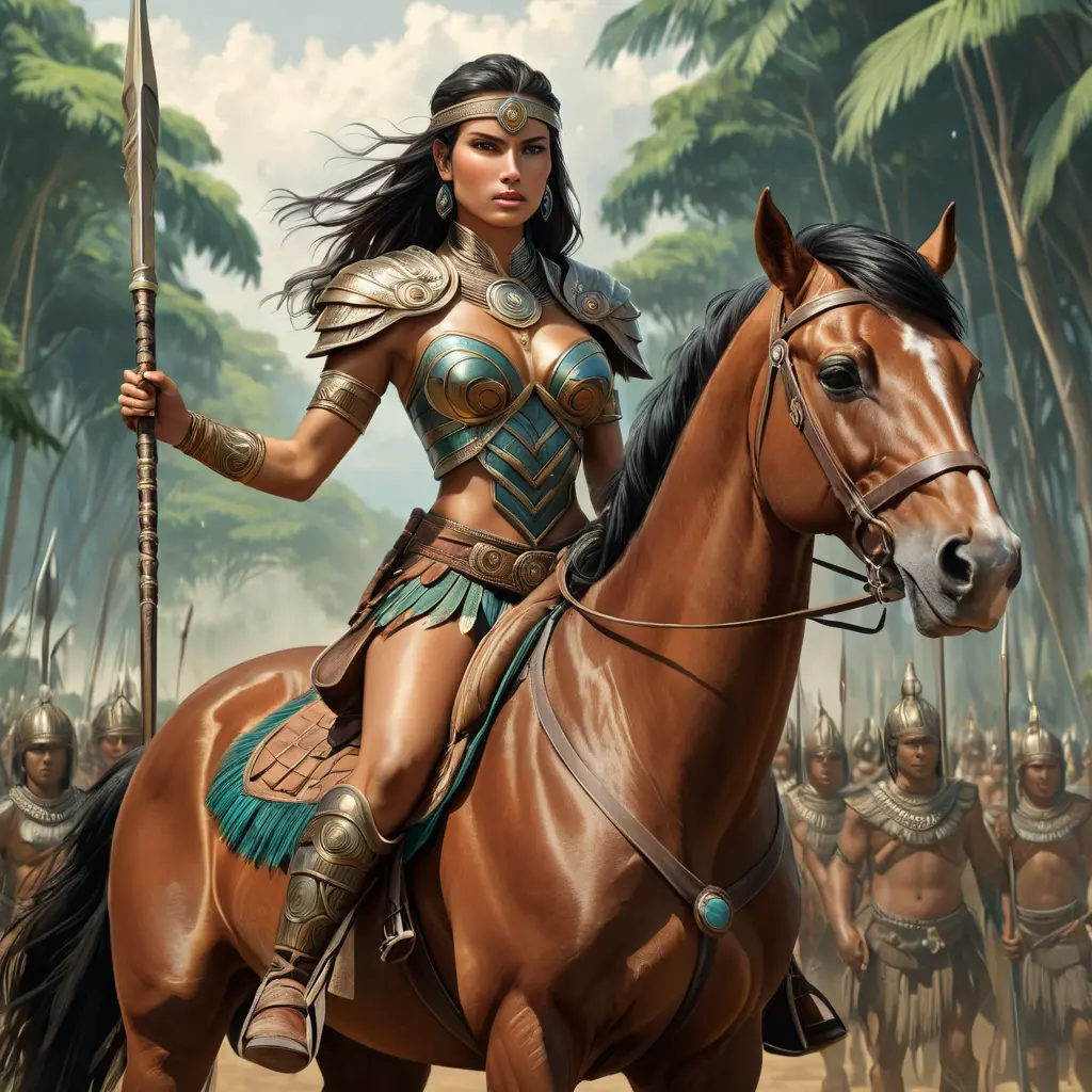 A powerful amazonian warrior on a horse, leading her tribe into battle, Highly Detailed, Half Body, Gorgeous, Stunning, Elegant by Stanley Artgerm Lau