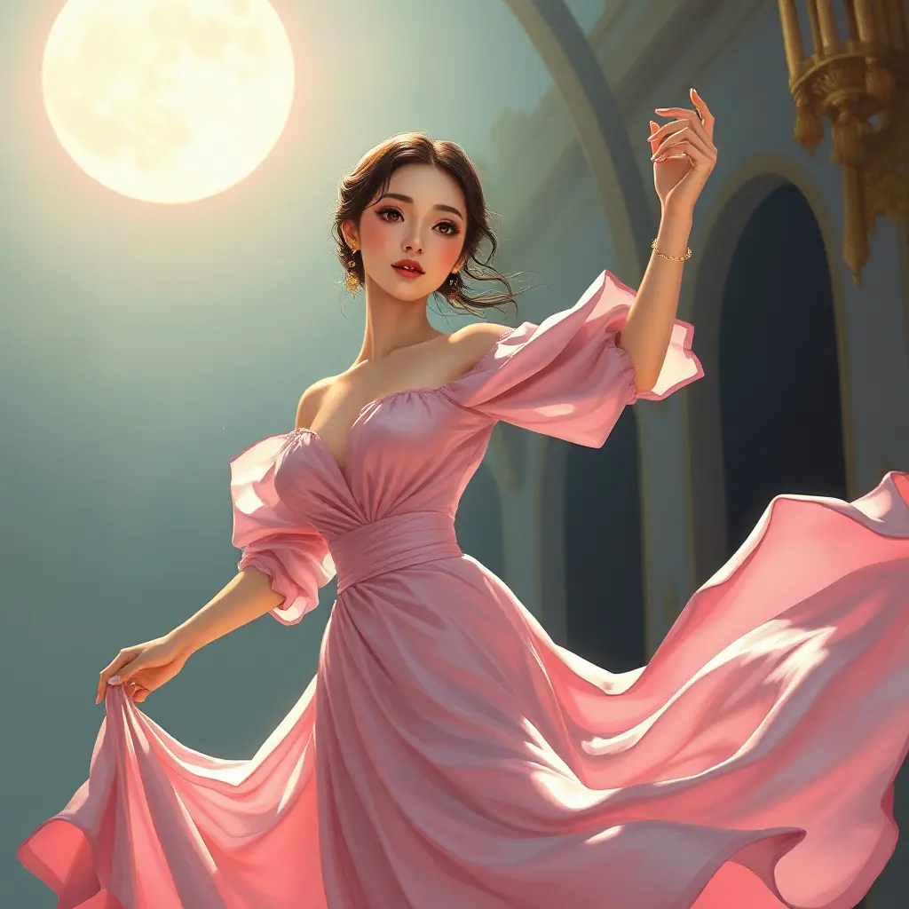 A graceful illustration of a woman with striking almond-shaped eyes and porcelain skin, dancing alone in a moonlit ballroom, her delicate pink silk dress billowing around her., Highly Detailed, Half Body, Gorgeous, Stunning, Elegant by Stanley Artgerm Lau