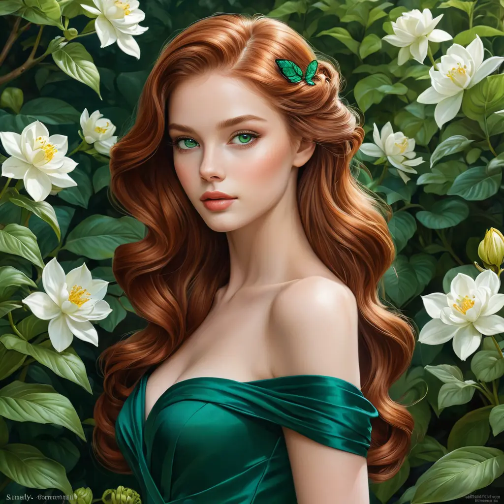 A graceful lady with striking emerald eyes and auburn tresses, elegantly poised in a lush, blooming garden, Highly Detailed, Half Body, Gorgeous, Stunning, Elegant by Stanley Artgerm Lau