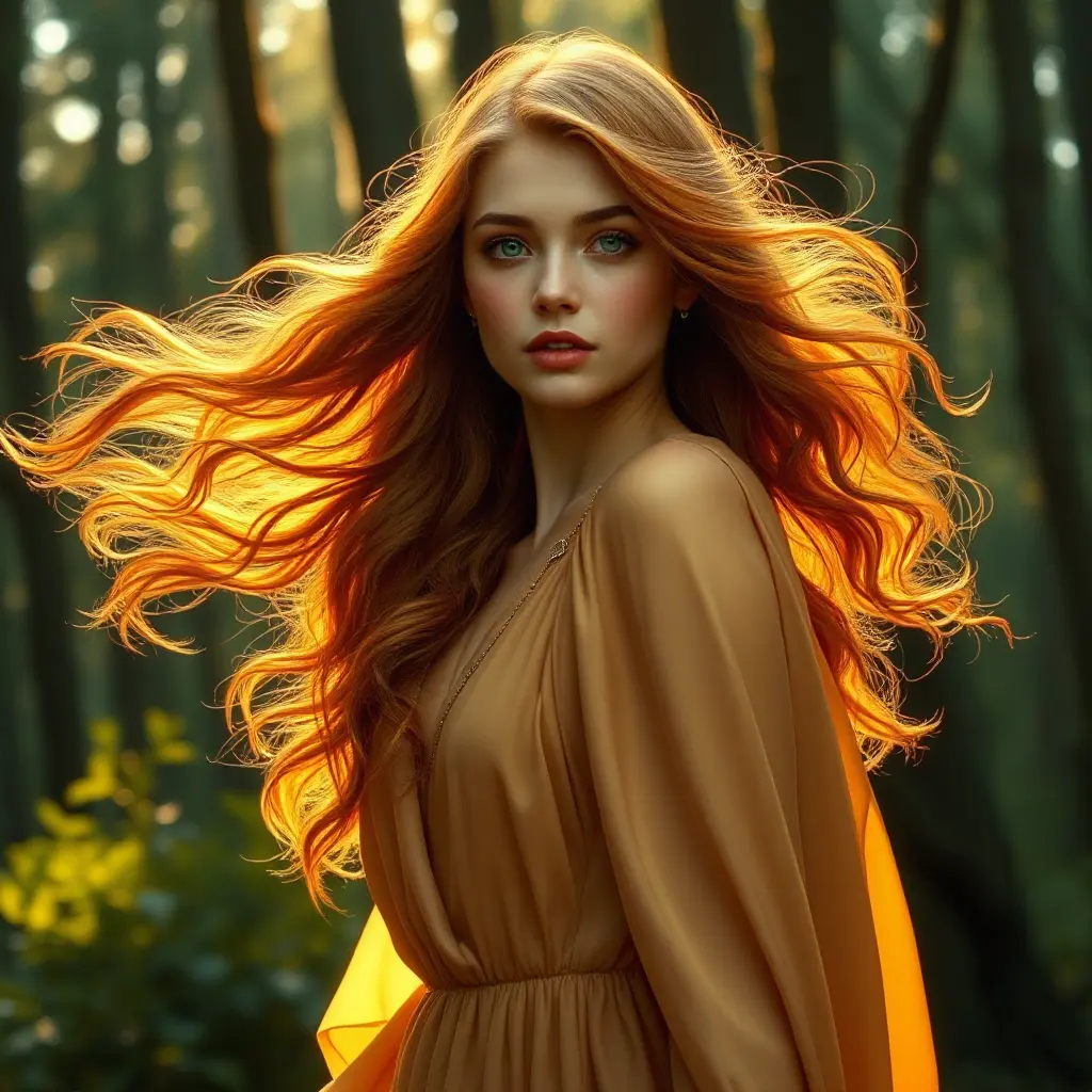 A radiant woman with flowing sun-kissed hair, emerald eyes, and a flowing silk gown, reminiscent of a Pre-Raphaelite masterpiece, in a serene forest at golden hour, Highly Detailed, Half Body, Gorgeous, Stunning, Elegant by Stanley Artgerm Lau