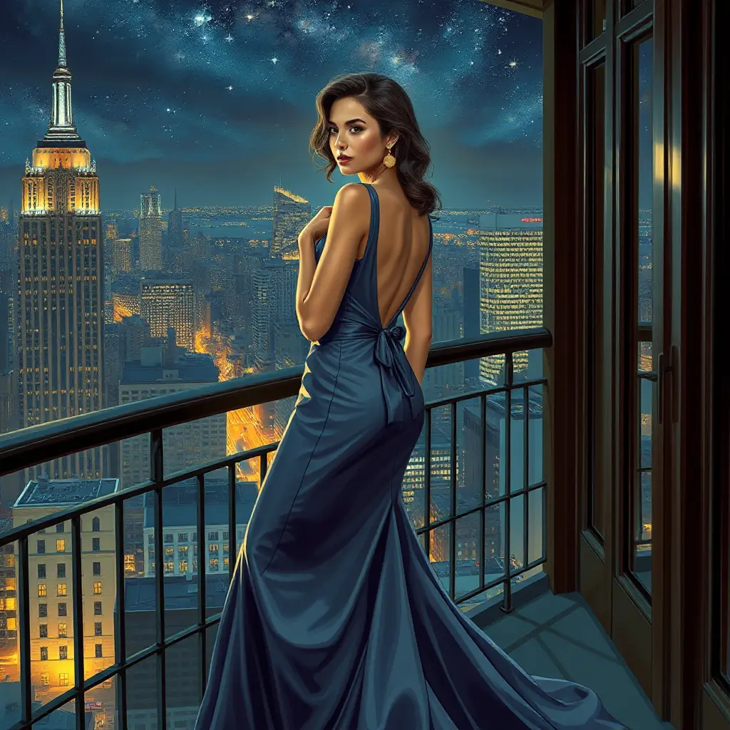 A sophisticated woman in a luxurious, flowing gown, standing on a balcony overlooking a grand cityscape at night, her expression thoughtful, city lights twinkling like stars behind her., Highly Detailed, Half Body, Gorgeous, Stunning, Elegant by Stanley Artgerm Lau