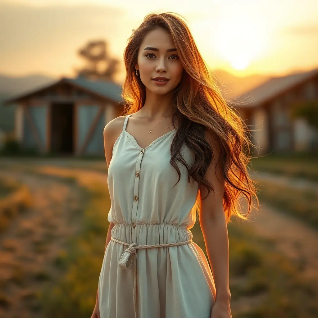 A beautiful woman with long, wavy brunette hair, wearing a casual summer dress, standing in a rustic countryside, the golden hour light casting a warm glow, idyllic and peaceful setting, Highly Detailed, Half Body, Gorgeous, Stunning, Elegant by Stanley Artgerm Lau