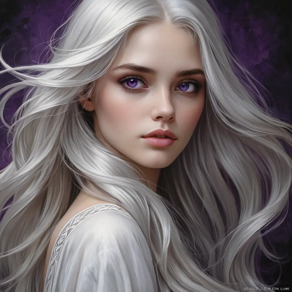 A hauntingly beautiful woman with long, flowing silver hair, deep violet eyes, and a melancholic expression, radiating mystery and allure, Highly Detailed, Half Body, Gorgeous, Stunning, Elegant by Stanley Artgerm Lau