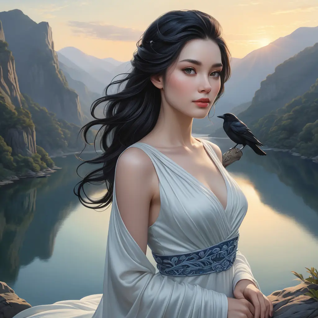 A serene and elegant woman with porcelain skin and raven hair stands atop a cliff overlooking a tranquil lake at dawn., Highly Detailed, Half Body, Gorgeous, Stunning, Elegant by Stanley Artgerm Lau