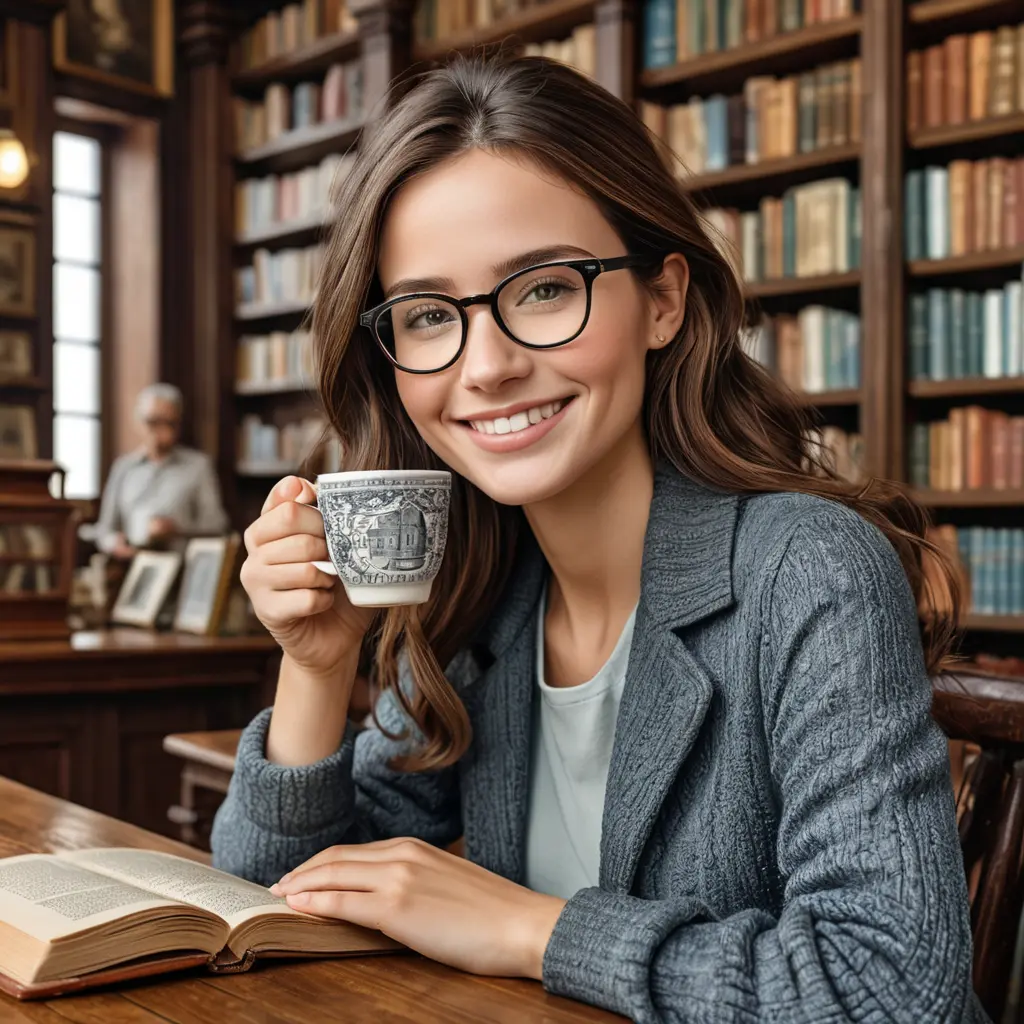 Woman with glasses and a kind smile, holding a cup of coffee while sitting quietly in an antique bookstore, Highly Detailed, Intricate, Half Body, Realistic