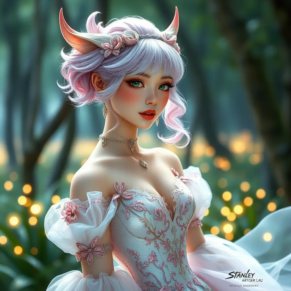 A whimsical woman with pastel-colored pixie hair, wearing a fairy tale-inspired gown with intricate embroidery, in an enchanted forest filled with twinkling lights, Highly Detailed, Half Body, Gorgeous, Stunning, Elegant by Stanley Artgerm Lau