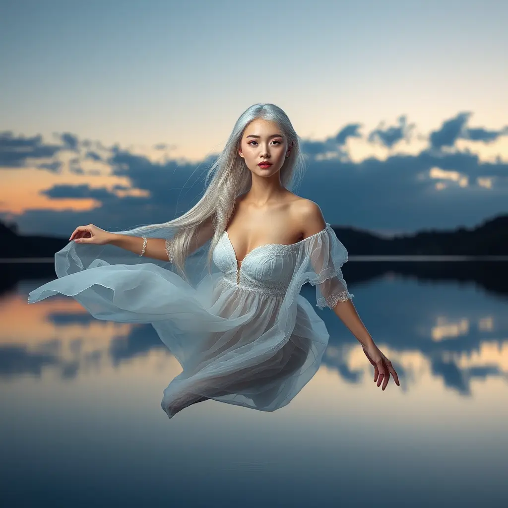 An ethereal woman with silver-white hair, soft violet eyes, and an airy chiffon dress, floating gracefully above a tranquil, mirror-like lake at twilight, Highly Detailed, Half Body, Gorgeous, Stunning, Elegant by Stanley Artgerm Lau