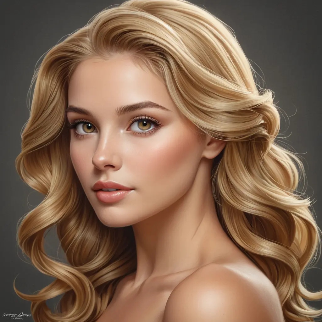 A classically beautiful woman with golden blonde hair, sparkling hazel eyes, and a timeless grace, embodying perfection and beauty, Highly Detailed, Half Body, Gorgeous, Stunning, Elegant by Stanley Artgerm Lau