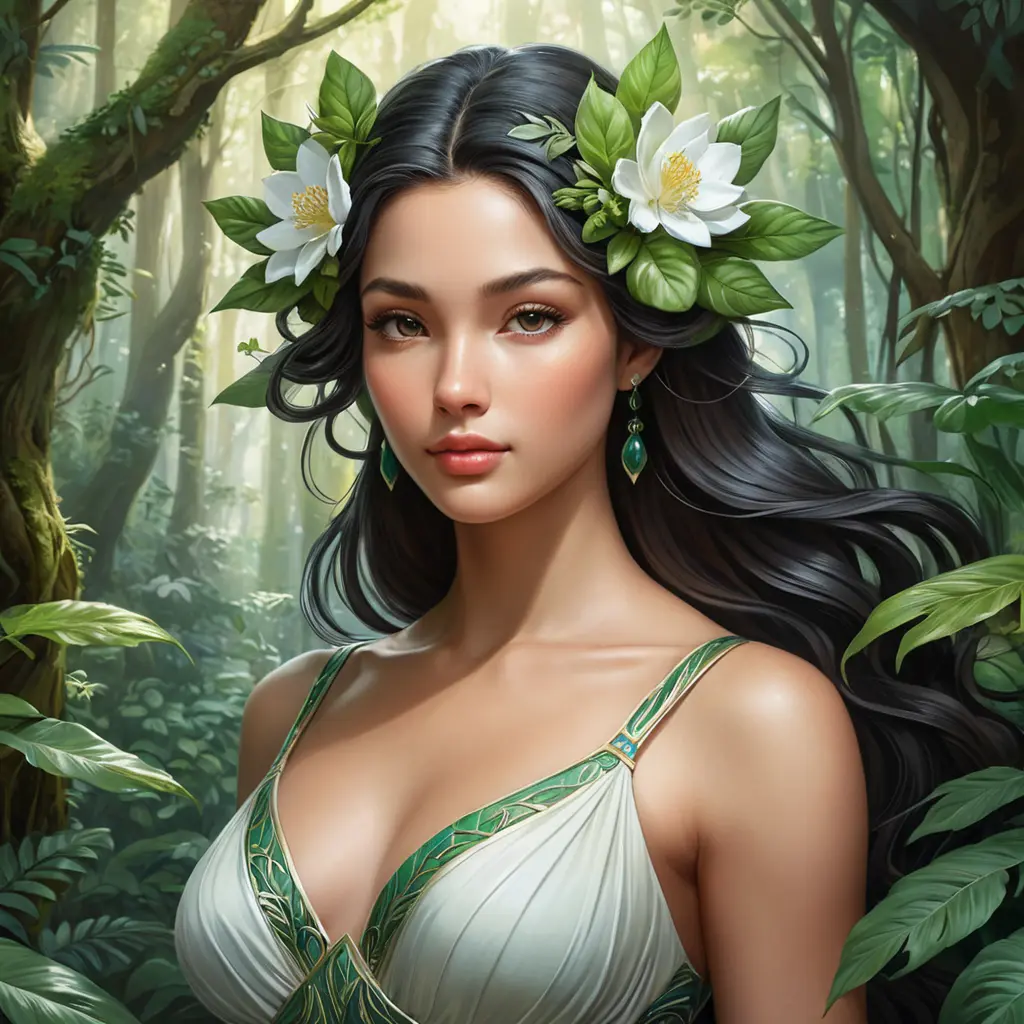 A serene goddess of nature, immersed in a lush, blooming forest, Highly Detailed, Half Body, Gorgeous, Stunning, Elegant by Stanley Artgerm Lau