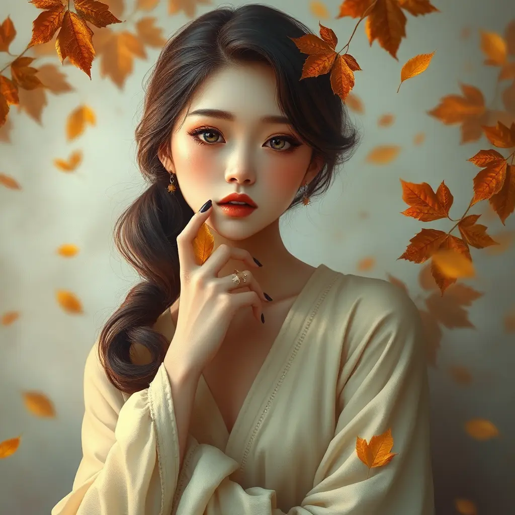 A soft-spoken poetess with an aura of quiet introspection, surrounded by the gentle whispers of autumn leaves, Highly Detailed, Half Body, Gorgeous, Stunning, Elegant by Stanley Artgerm Lau