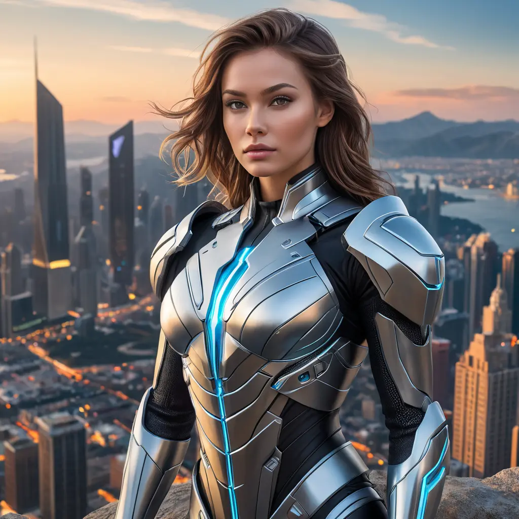 A fearless woman with an athletic build, wearing futuristic armor with elegant lines and soft LED accents, poised atop a cliff overlooking a sprawling sci-fi cityscape, Highly Detailed, Half Body, Gorgeous, Stunning, Elegant by Stanley Artgerm Lau