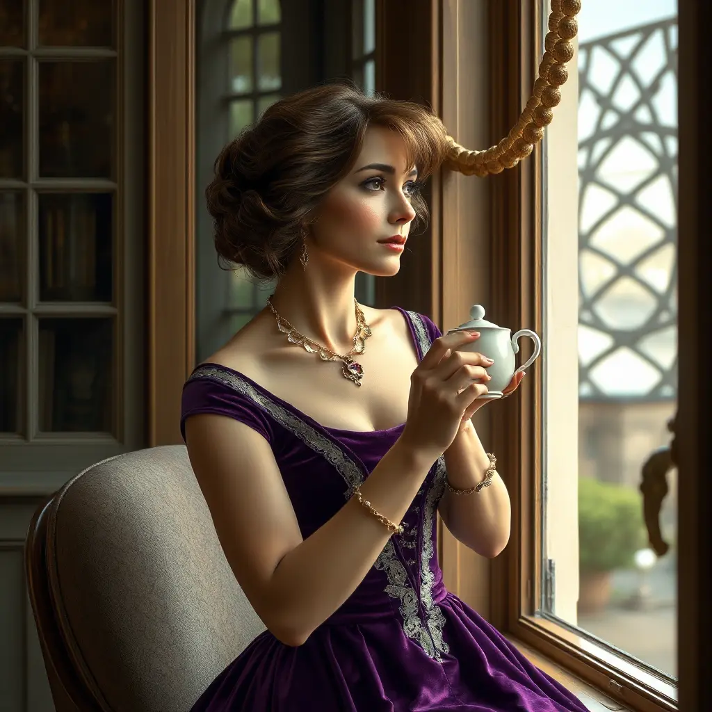 A mature lady with chestnut brown hair streaked with silver, dressed in a rich purple velvet dress adorned with antique lace, sipping tea by an open window, Highly Detailed, Half Body, Gorgeous, Stunning, Elegant by Stanley Artgerm Lau