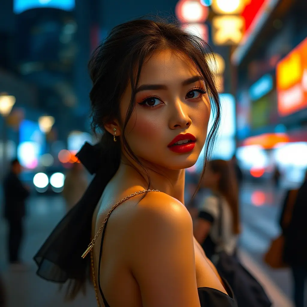 a captivating model with high cheekbones and full lips, posing for a fashion photoshoot against a backdrop of city lights, Highly Detailed, Half Body, Gorgeous, Stunning, Elegant by Stanley Artgerm Lau