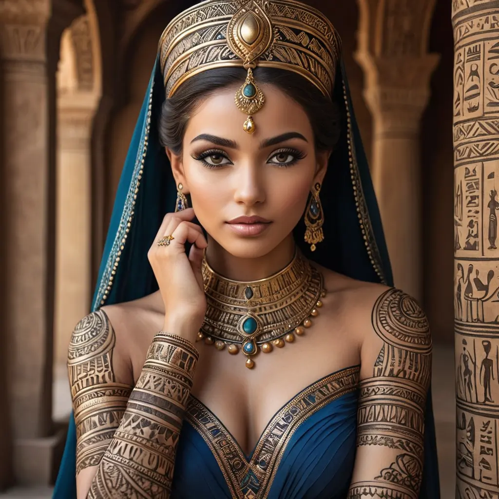 An elegant queen from ancient Egypt with intricate henna tattoos, Highly Detailed, Half Body, Gorgeous, Stunning, Elegant by Stanley Artgerm Lau