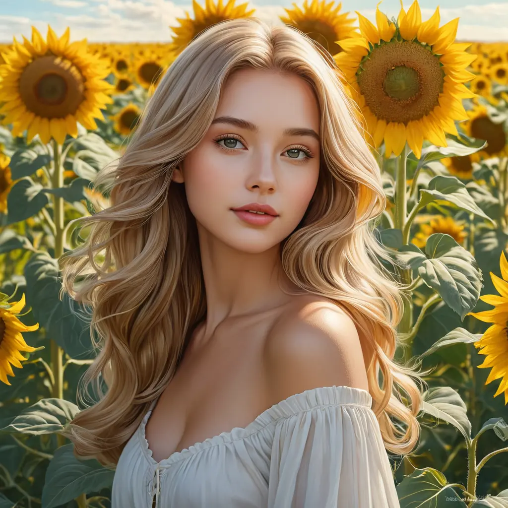 A luminous lady with a serene expression and flaxen hair, standing in a field of sunflowers under a clear sky, Highly Detailed, Half Body, Gorgeous, Stunning, Elegant by Stanley Artgerm Lau