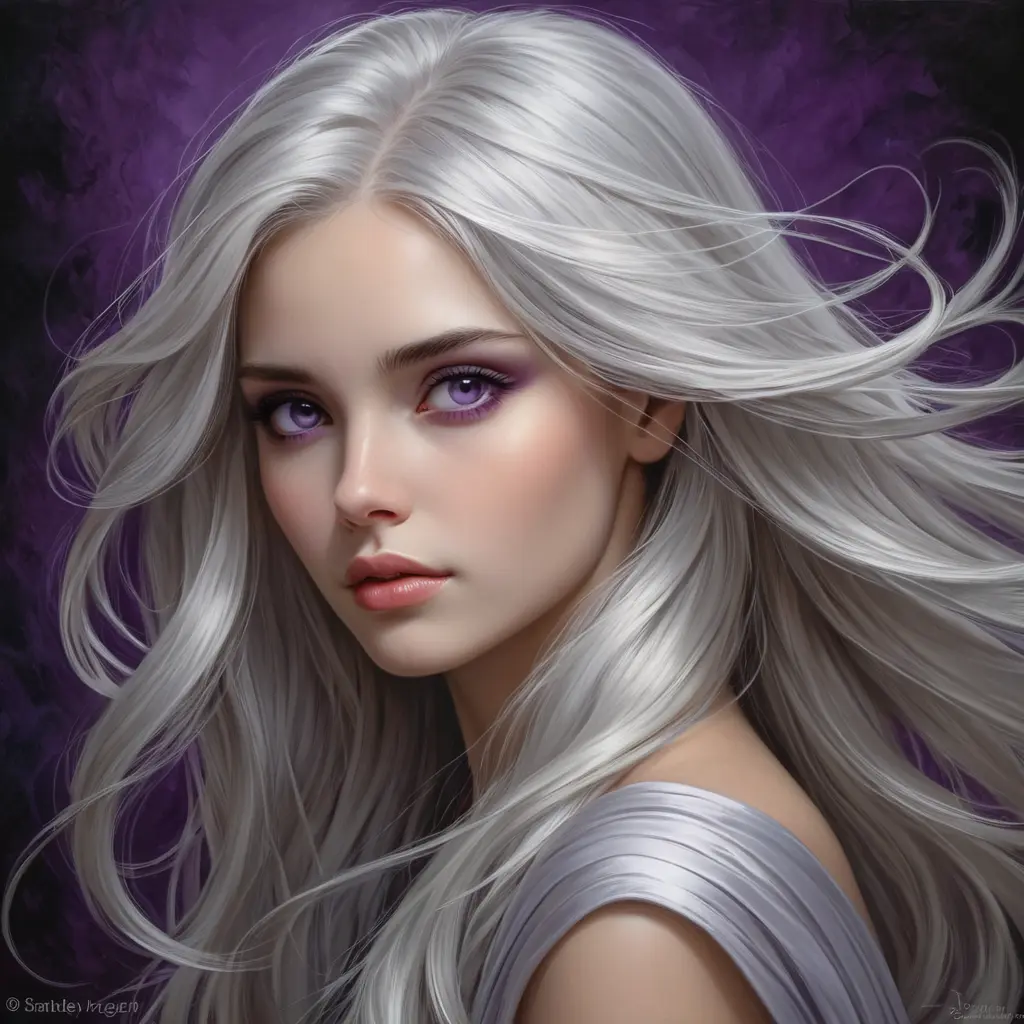 A hauntingly beautiful woman with long, flowing silver hair, deep violet eyes, and a melancholic expression, radiating mystery and allure, Highly Detailed, Half Body, Gorgeous, Stunning, Elegant by Stanley Artgerm Lau