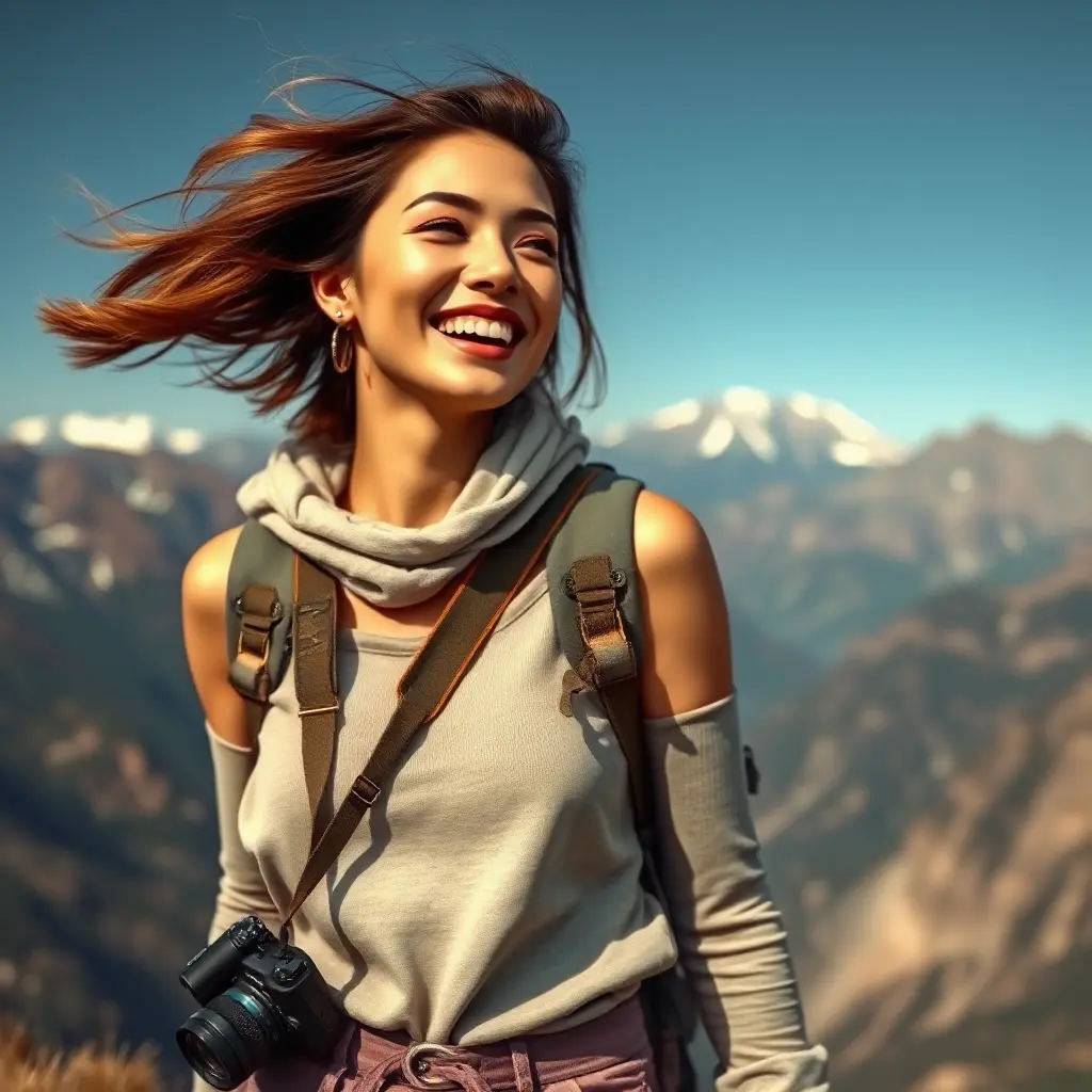 An adventurous explorer woman against a breathtaking mountain backdrop, wearing hiking gear, her joyful laughter echoing through the air, wind tousling her hair and a camera slung around her neck., Highly Detailed, Half Body, Gorgeous, Stunning, Elegant by Stanley Artgerm Lau