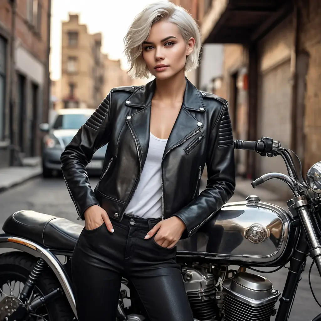 A striking woman with short platinum blonde hair, wearing a chic black leather jacket, leaning against a vintage motorcycle, gritty urban background, bold and edgy, cinematic lighting, Highly Detailed, Half Body, Gorgeous, Stunning, Elegant by Stanley Artgerm Lau