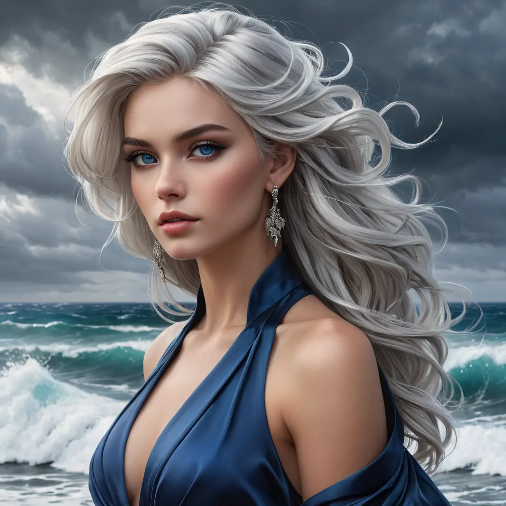 A poised beauty with piercing sapphire eyes and silver hair, standing against a backdrop of a stormy sea, Highly Detailed, Half Body, Gorgeous, Stunning, Elegant by Stanley Artgerm Lau