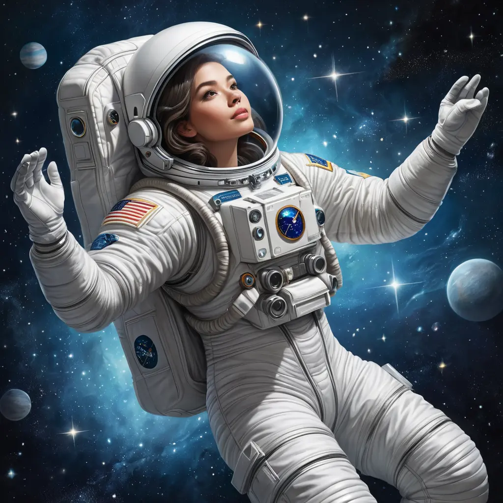 A confident astronaut floating among stars, wearing a spacesuit designed like a ball gown, Highly Detailed, Half Body, Gorgeous, Stunning, Elegant by Stanley Artgerm Lau