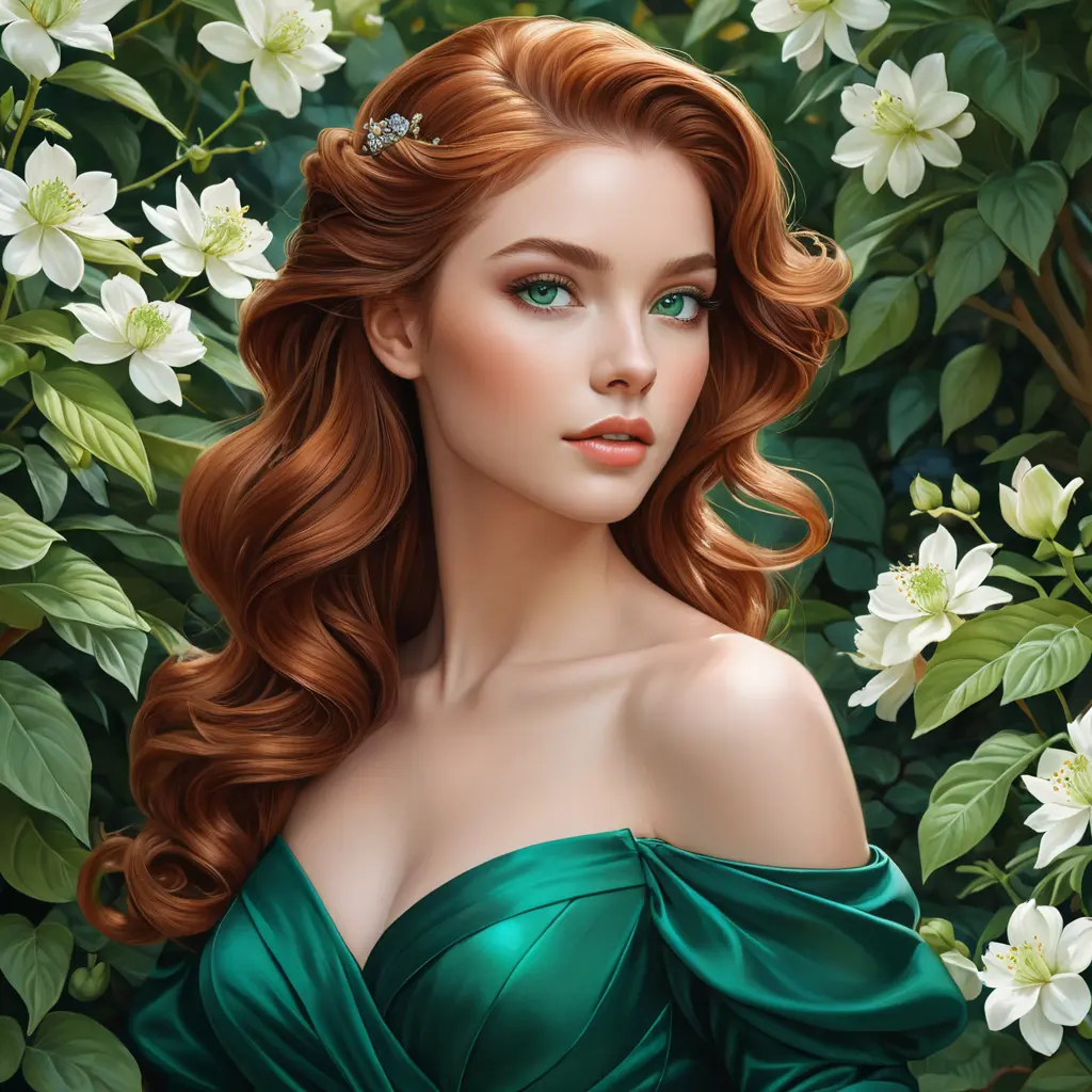 A graceful lady with striking emerald eyes and auburn tresses, elegantly poised in a lush, blooming garden, Highly Detailed, Half Body, Gorgeous, Stunning, Elegant by Stanley Artgerm Lau