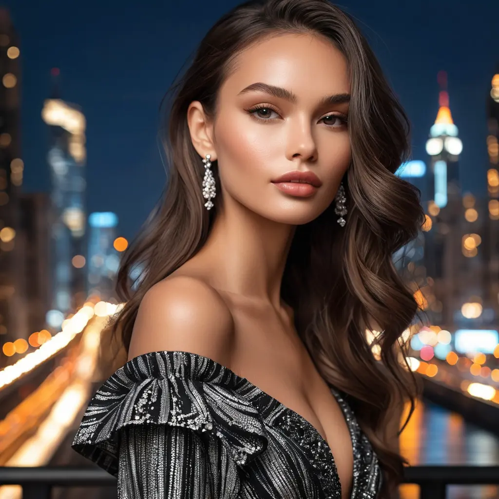 a captivating model with high cheekbones and full lips, posing for a fashion photoshoot against a backdrop of city lights, Highly Detailed, Half Body, Gorgeous, Stunning, Elegant by Stanley Artgerm Lau