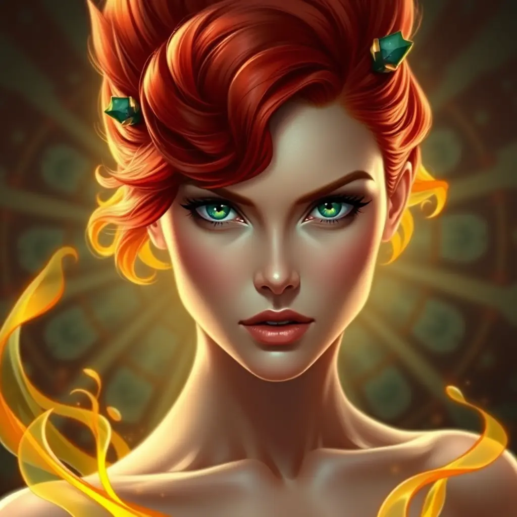 A vibrantly beautiful woman with fiery red hair, emerald green eyes, and a passionate expression, radiating energy and intensity, Highly Detailed, Half Body, Gorgeous, Stunning, Elegant by Stanley Artgerm Lau