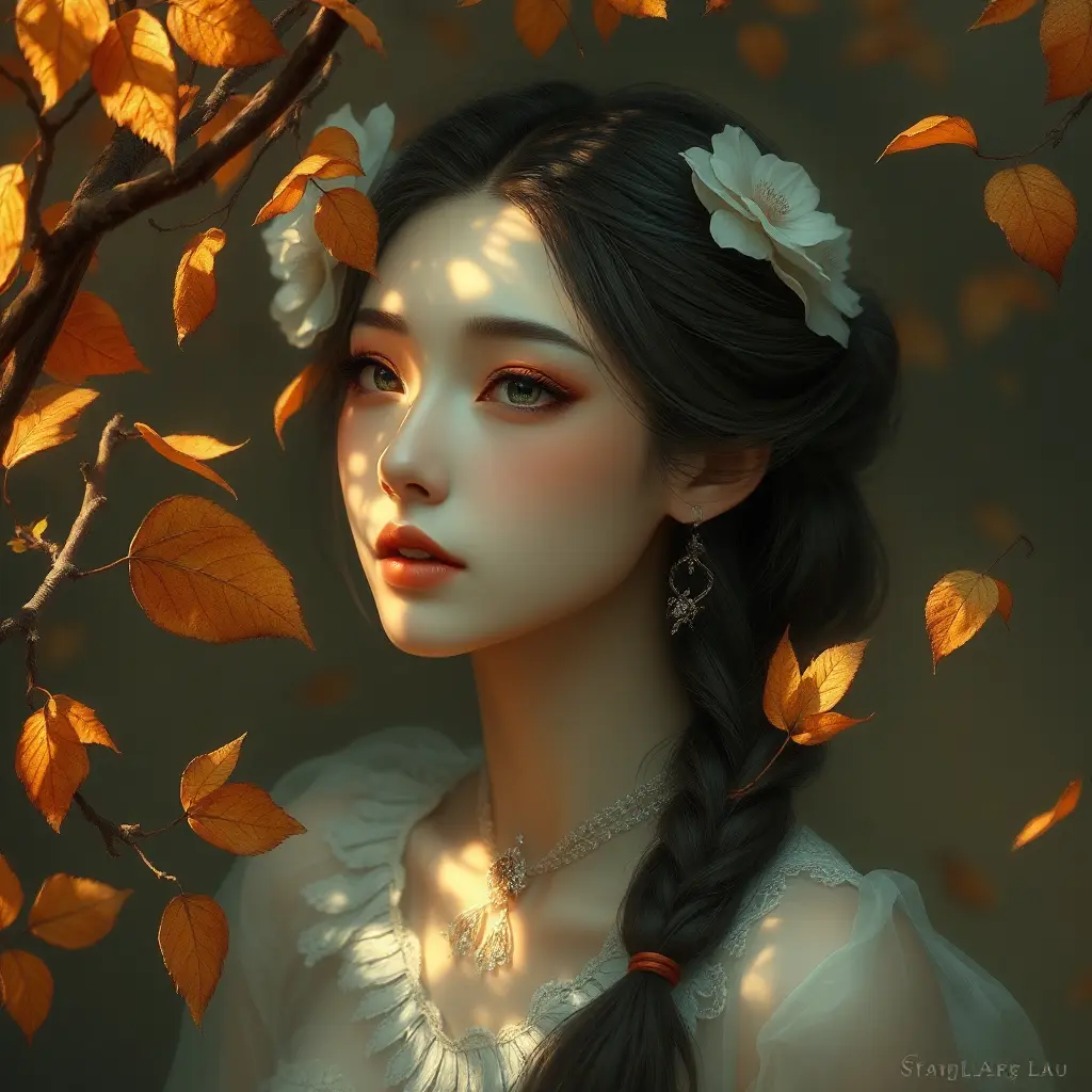 A soft-spoken poetess with an aura of quiet introspection, surrounded by the gentle whispers of autumn leaves, Highly Detailed, Half Body, Gorgeous, Stunning, Elegant by Stanley Artgerm Lau