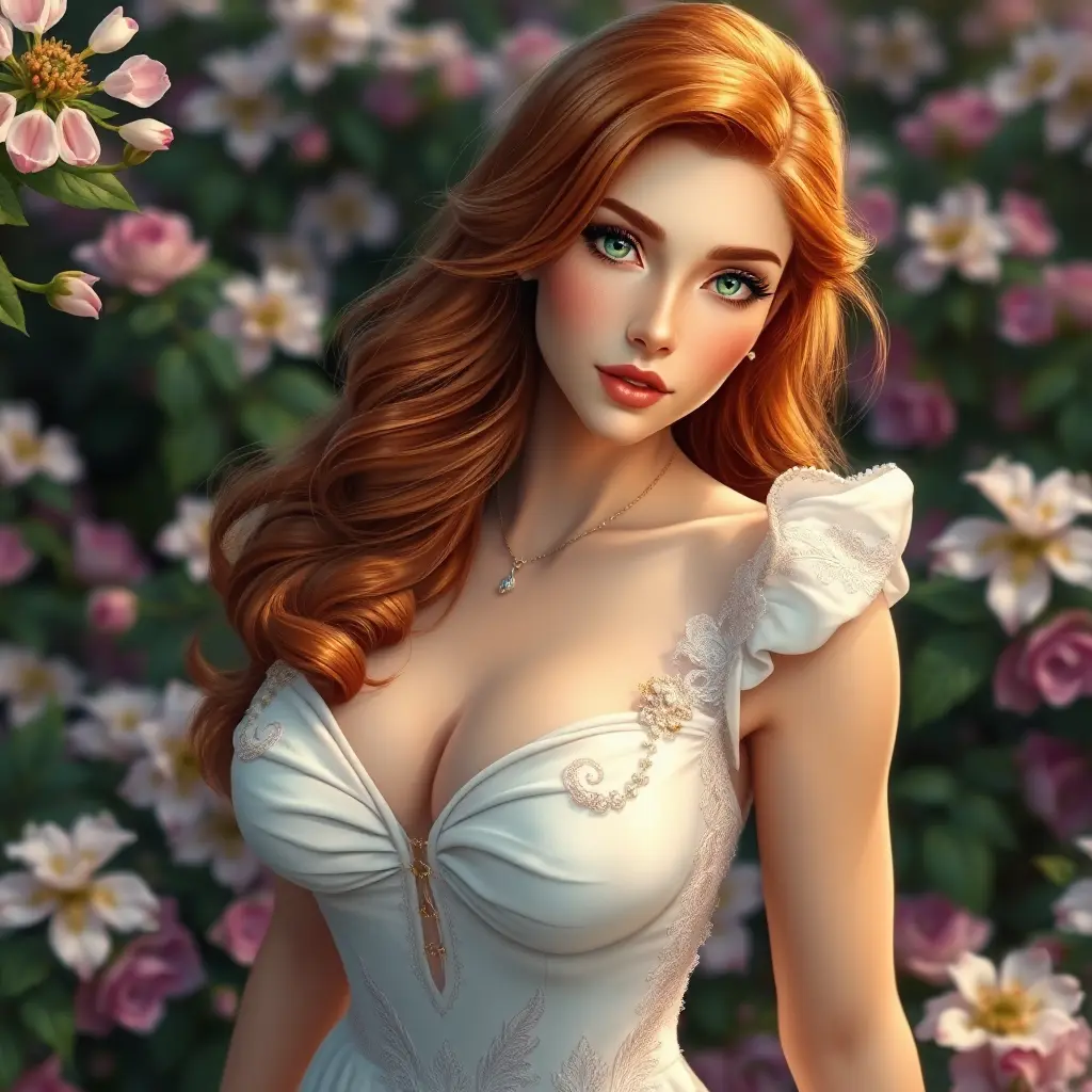 A graceful lady with striking emerald eyes and auburn tresses, elegantly poised in a lush, blooming garden, Highly Detailed, Half Body, Gorgeous, Stunning, Elegant by Stanley Artgerm Lau