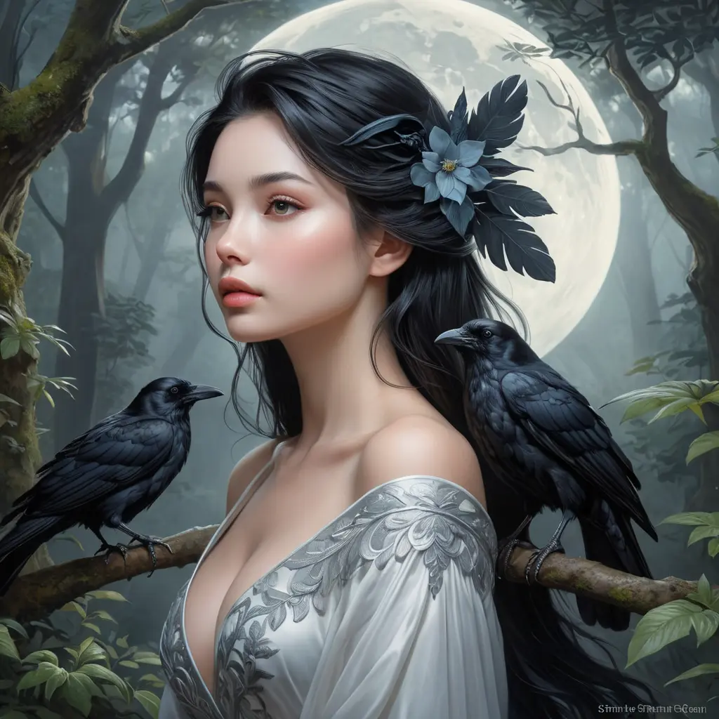 A serene moonlit beauty with porcelain skin and raven hair, lost in thought beneath a misty forest canopy., Highly Detailed, Half Body, Gorgeous, Stunning, Elegant by Stanley Artgerm Lau