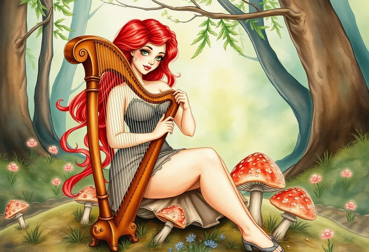 A whimsical watercolor painting of a curvy woman with fiery red hair and green eyes, playing the harp while sitting on a mushroom in a magical woodland clearing, Highly Detailed, Intricate, Half Body, Realistic