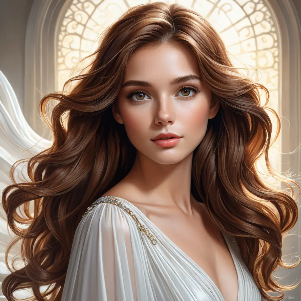 A woman with cascading chestnut brown hair, her eyes sparkling like sapphires, wearing a flowing white dress that catches the light, Highly Detailed, Half Body, Gorgeous, Stunning, Elegant by Stanley Artgerm Lau