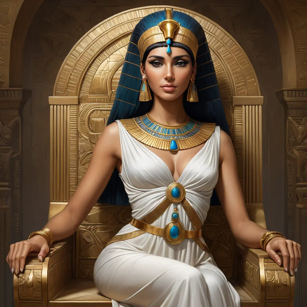 An elegant Cleopatra VII, the last Pharaoh of Ancient Egypt, sitting on her throne, Highly Detailed, Half Body, Gorgeous, Stunning, Elegant by Stanley Artgerm Lau