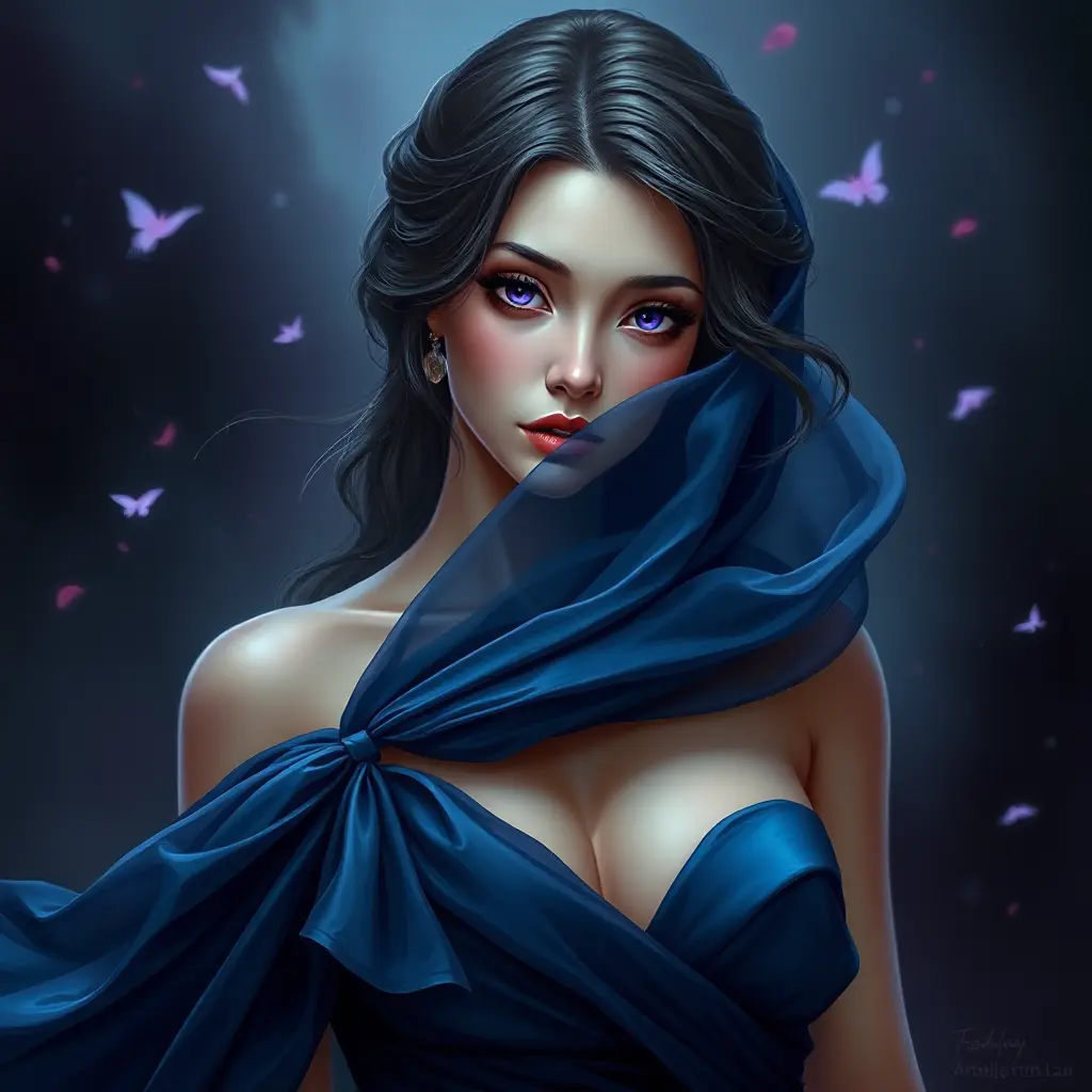 A captivating woman with a mysterious aura and deep violet eyes, draped in a flowing midnight blue gown, Highly Detailed, Half Body, Gorgeous, Stunning, Elegant by Stanley Artgerm Lau