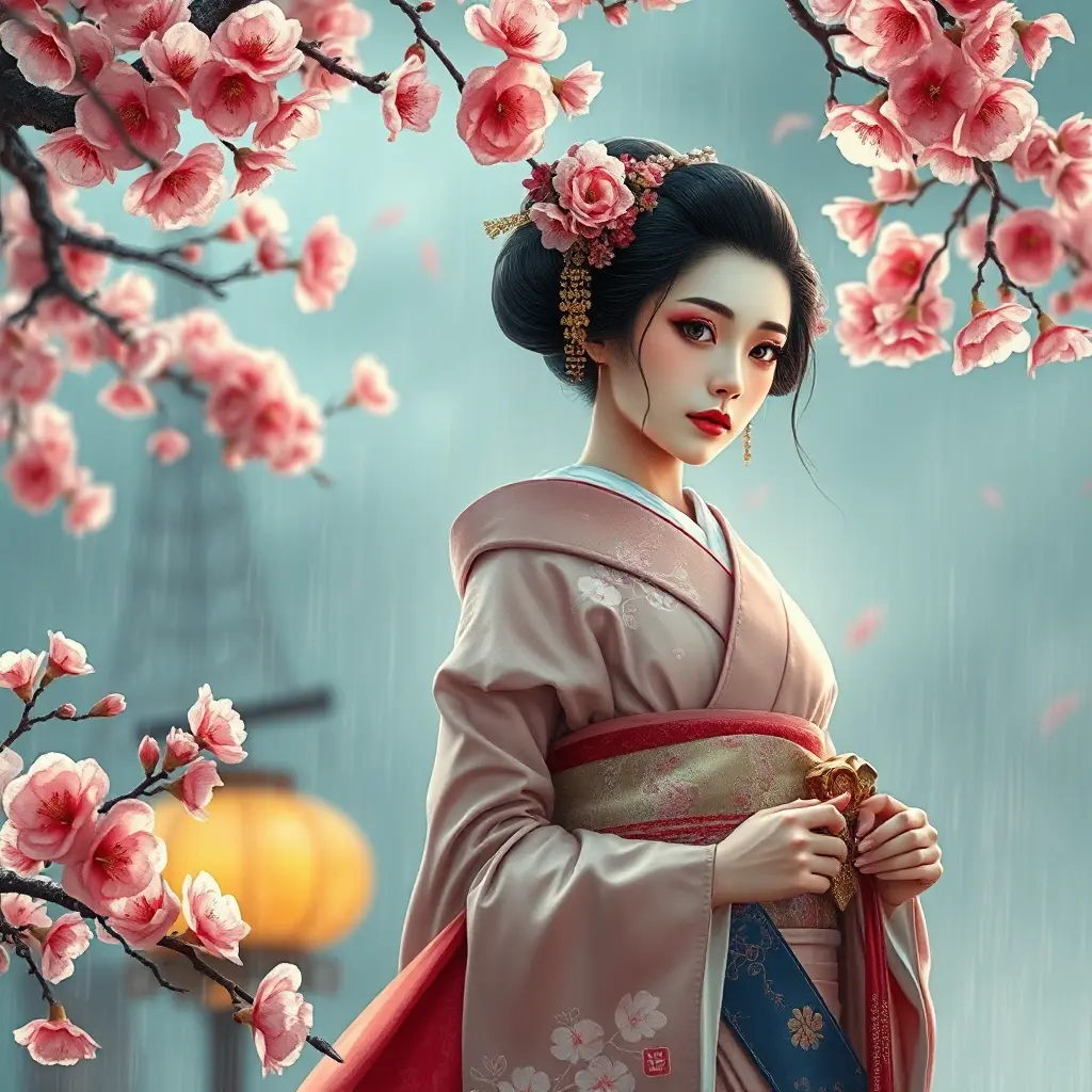 A graceful Japanese geisha in traditional attire during a cherry blossom storm, Highly Detailed, Half Body, Gorgeous, Stunning, Elegant by Stanley Artgerm Lau