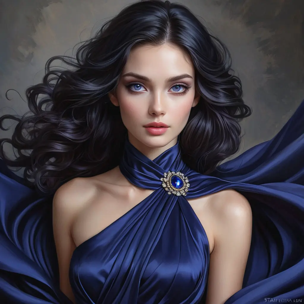 A captivating woman with a mysterious aura and deep violet eyes, draped in a flowing midnight blue gown, Highly Detailed, Half Body, Gorgeous, Stunning, Elegant by Stanley Artgerm Lau