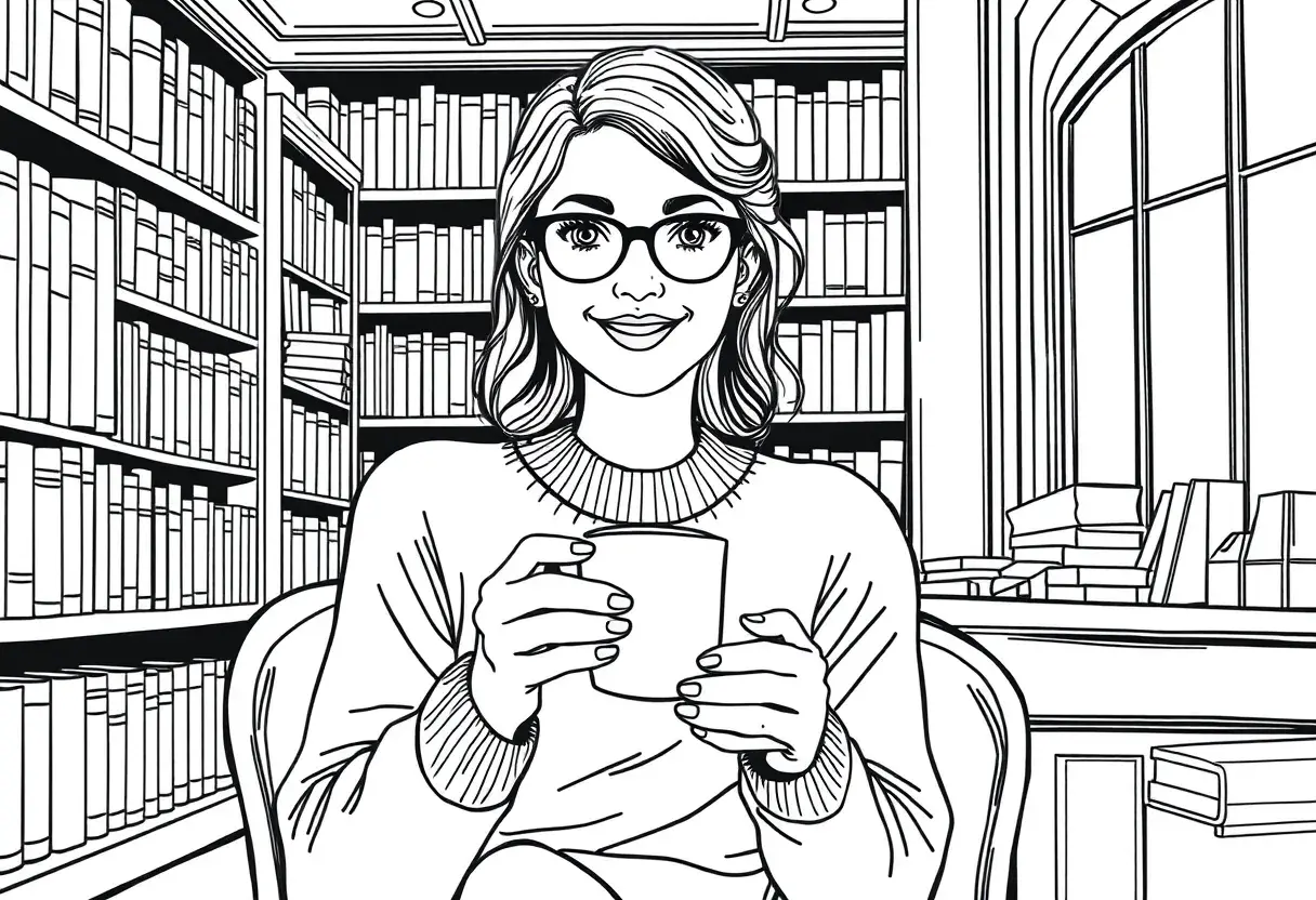 A minimalist line art drawing of a woman with glasses and a kind smile, holding a cup of coffee while sitting quietly in an antique bookstore, Highly Detailed, Intricate, Half Body, Realistic