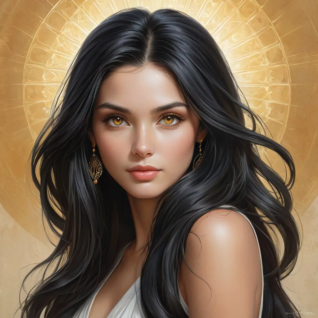 A divinely beautiful woman with long, black hair, piercing amber eyes, and a serene expression, radiating peace and tranquility, Highly Detailed, Half Body, Gorgeous, Stunning, Elegant by Stanley Artgerm Lau