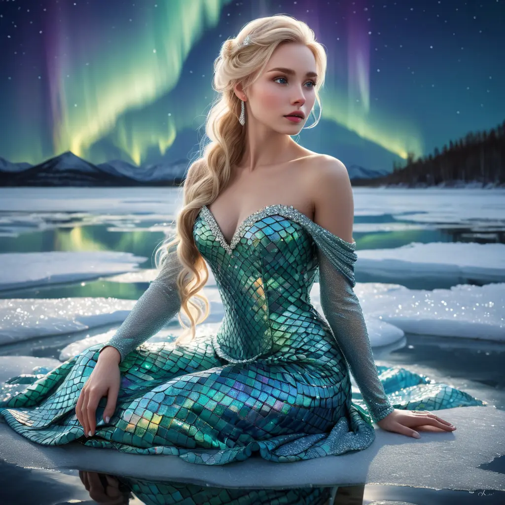 An enchanting portrayal of a woman with porcelain skin and ice-blonde hair, seated at the edge of a frozen lake, wearing a shimmering gown made from thousands of iridescent scales, reflecting the Northern Lights above., Highly Detailed, Half Body, Gorgeous, Stunning, Elegant by Stanley Artgerm Lau