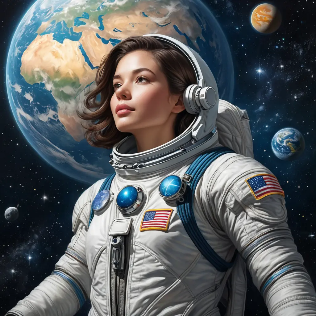 An inspiring astronaut floating among stars with Earth as her backdrop, Highly Detailed, Half Body, Gorgeous, Stunning, Elegant by Stanley Artgerm Lau