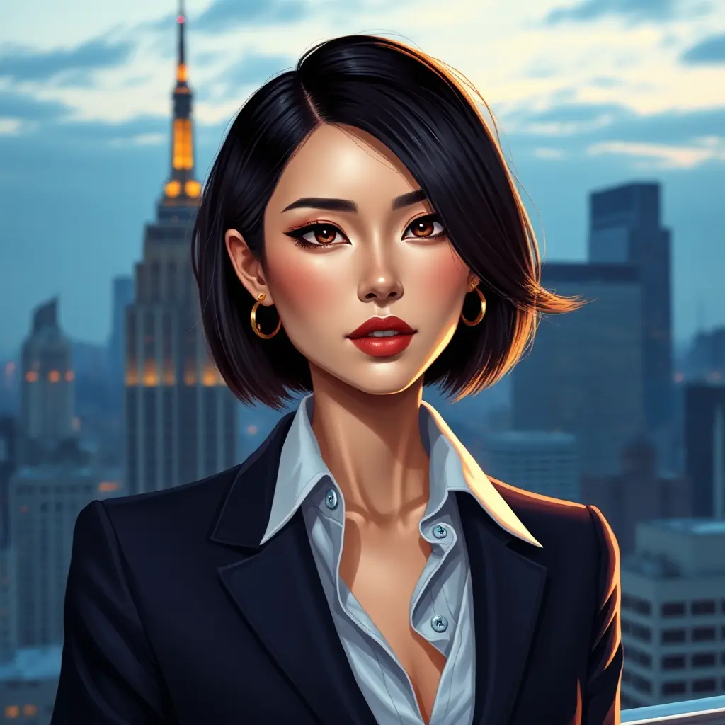 A confident woman with a sleek bob haircut, sharp features, and a tailored power suit, commanding attention in a modern metropolis skyline during the blue hour, Highly Detailed, Half Body, Gorgeous, Stunning, Elegant by Stanley Artgerm Lau