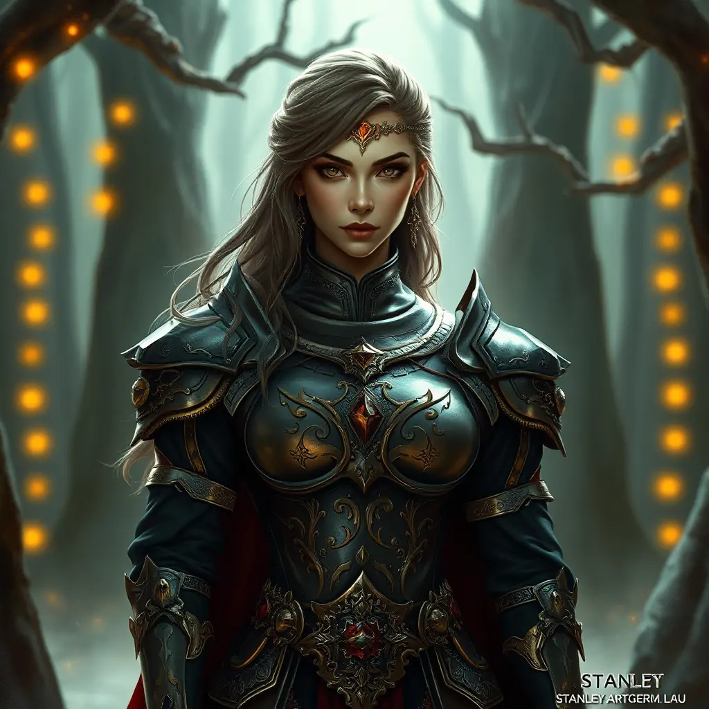 A majestic warrior woman in ornate armor, standing in a mystical forest, her piercing eyes reflecting confidence and strength, surrounded by ethereal glowing lights and ancient trees., Highly Detailed, Half Body, Gorgeous, Stunning, Elegant by Stanley Artgerm Lau